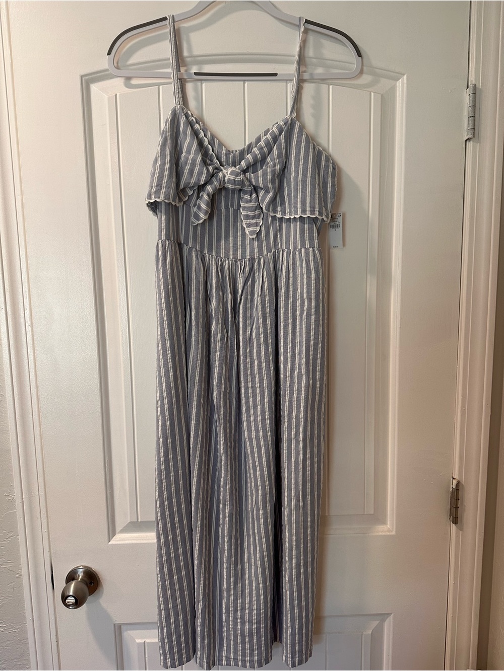 Old Navy Light Blue and White Striped Midi Dress with Front Tie